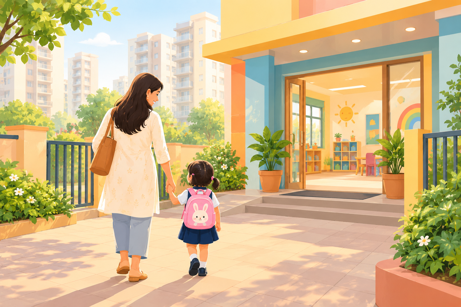 Parent dropping off child at a preschool near Action Area 3B New Town